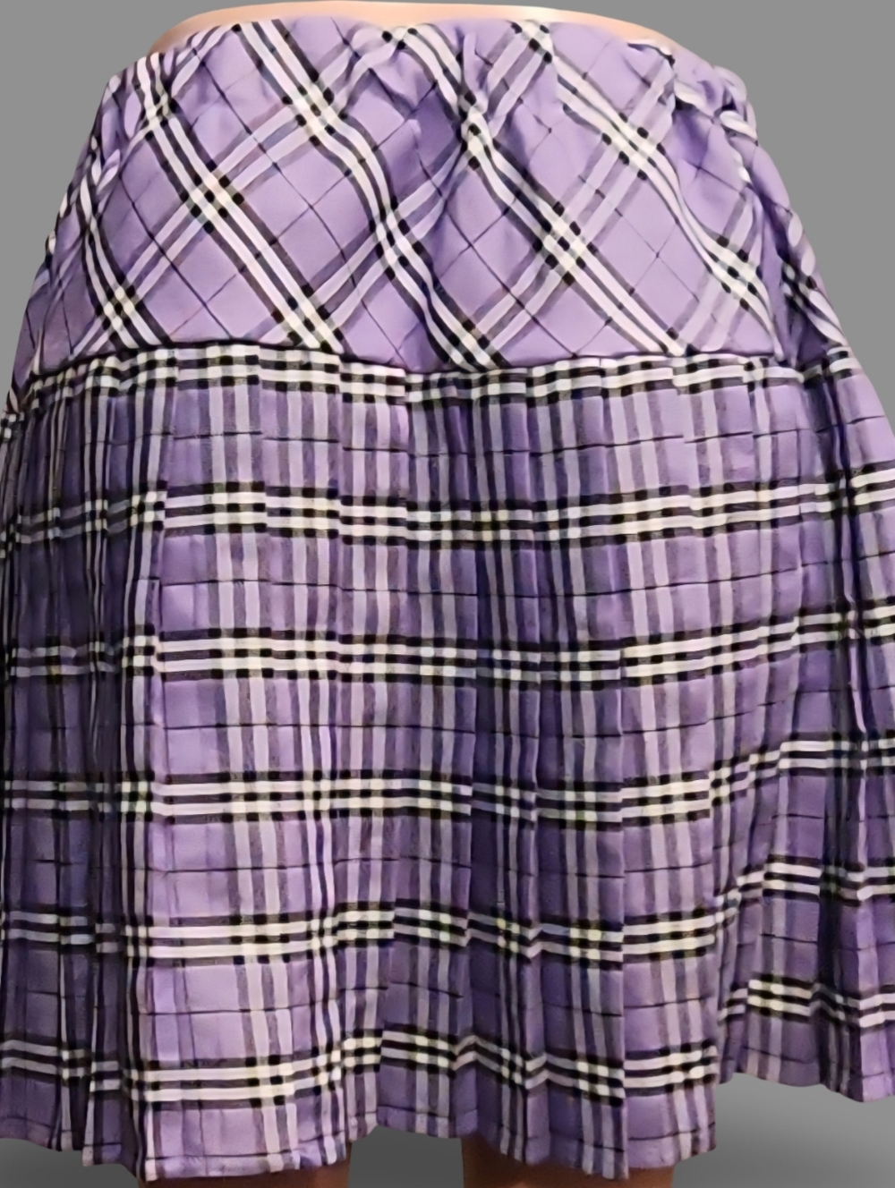 Women's Purple Plaid Pleated Knee Skirt Twill Pull On Casual Preppy - Picture 7 of 10